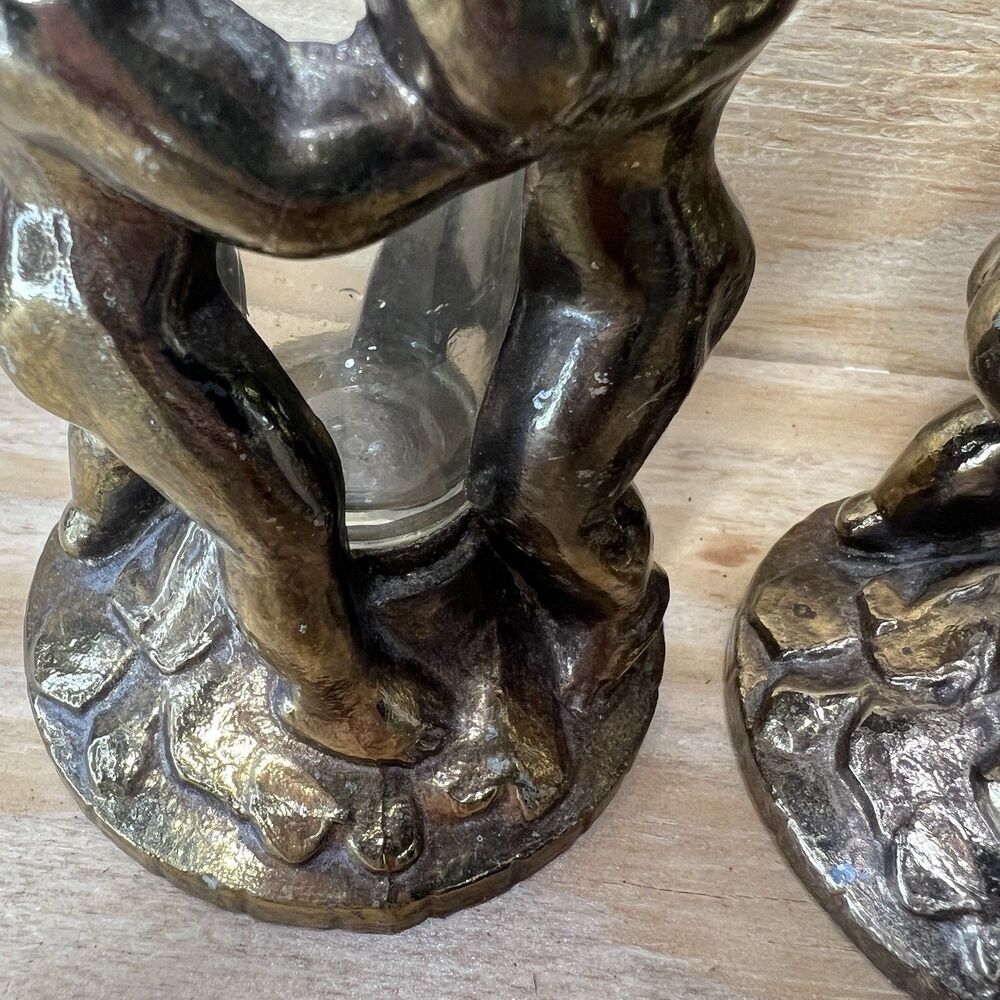 Vintage Victorian Style Cherub Bud Vases - Heavy Metal Angel Candle Holders Pair - Picture 3 of 7